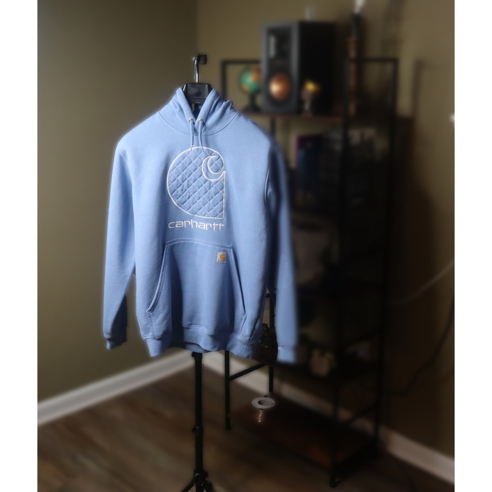 Carhartt Hoodie Mens M Blue Loose Fit Pullover Sweatshirt C Puff Logo - Picture 4 of 7